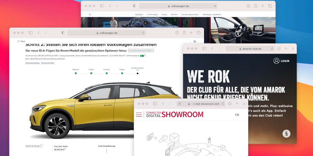Apple Desktop Ansicht mit mehreren Offenen Fenstern von Automobil Websiten zu Marketing und Vertrieb.