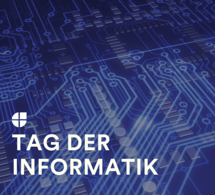 Abstrakte Leiterplatten- und Schaltkreisgrafik in Blau, symbolisch für Informatik, digitale Technologien und den „Tag der Informatik