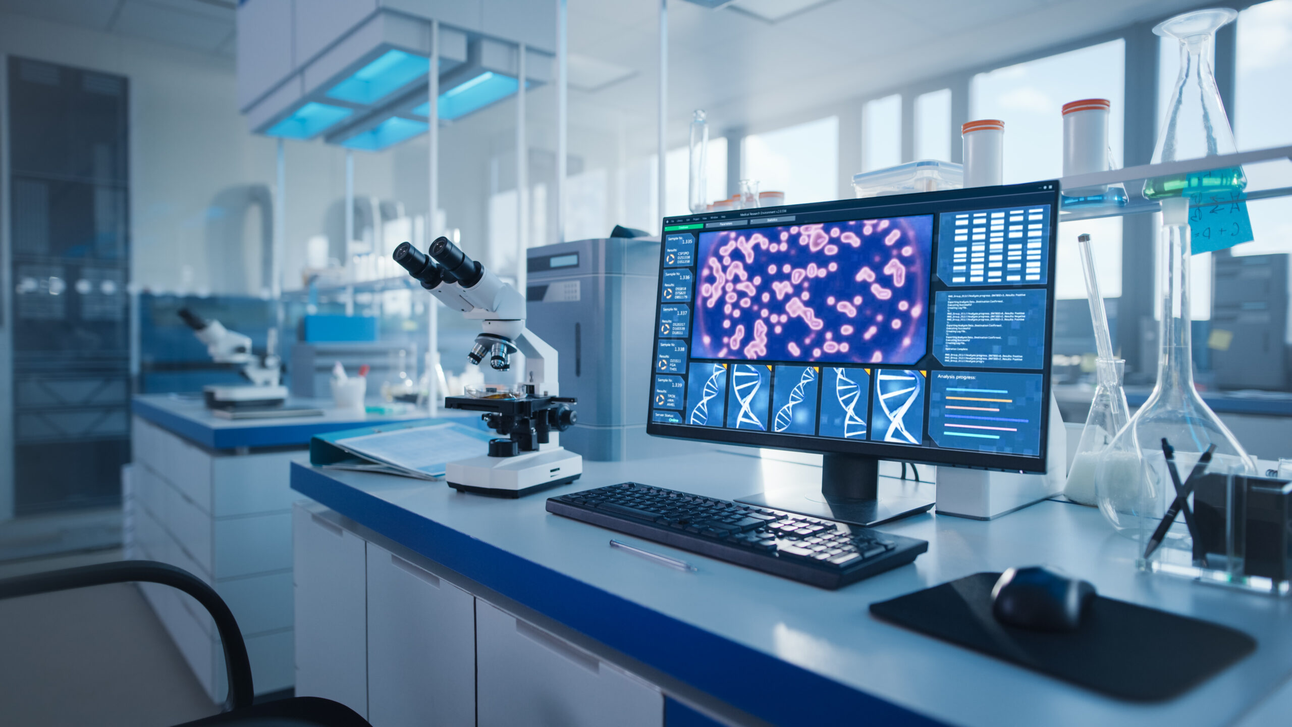Modernes medizinisches Labor mit Analysegerät und Monitor, der digitale histologische Gewebeaufnahmen zur computergestützten Auswertung anzeigt.
