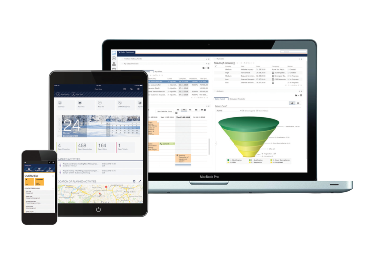 Ein CRM-Dashboard auf verschiedenen Endgeräten, symbolisch für integrierte, mobile und transparente Vertriebssteuerung