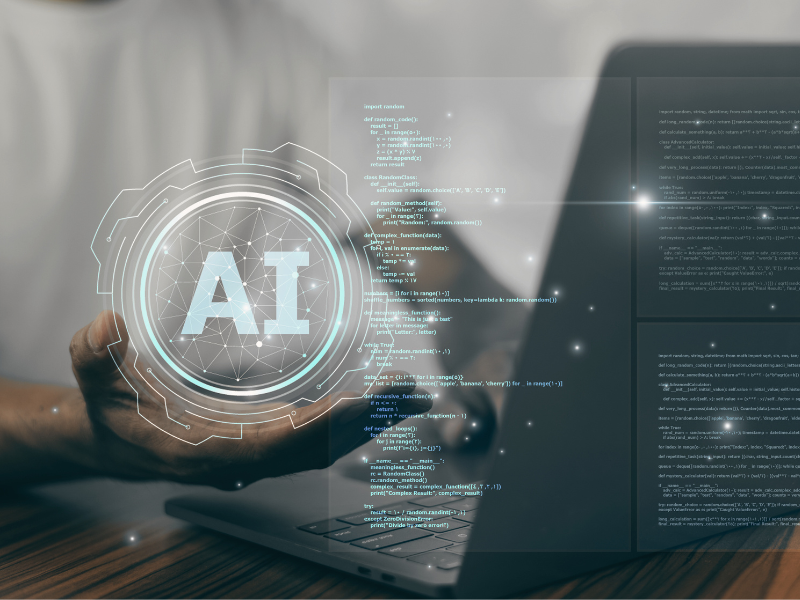 KI-Visualisierung mit Code vor Laptop, symbolisch für Entwicklung und Einsatz künstlicher Intelligenz