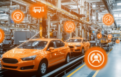 Autos auf Fertigungsstraße mit digitalen Symbolen – symbolisch für vernetzte, KI-gestützte Produktionsprozesse