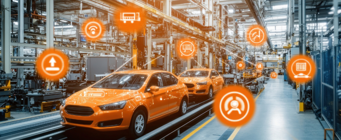 Autos auf Fertigungsstraße mit digitalen Symbolen – symbolisch für vernetzte, KI-gestützte Produktionsprozesse