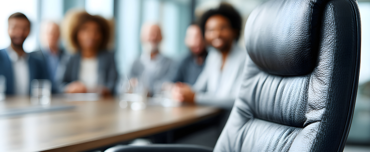 Leerer Sessel im Vordergrund, im Hintergrund sitzt ein Team an einem Konferenztisch, symbolisch für Austauschbarkeit im agilen Team