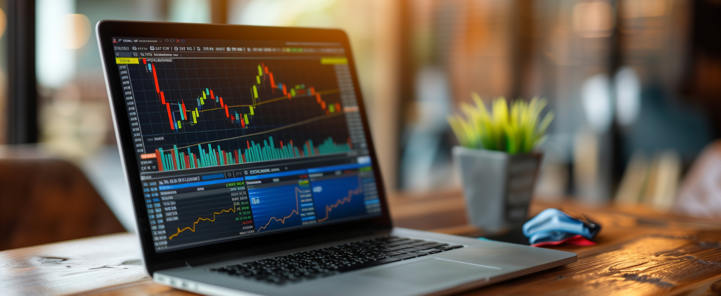 Laptop auf einem Schreibtisch zeigt detaillierte Börsen- und Kursdiagramme mit Kerzencharts und Kennzahlen, symbolisch für ETFs im Wandel