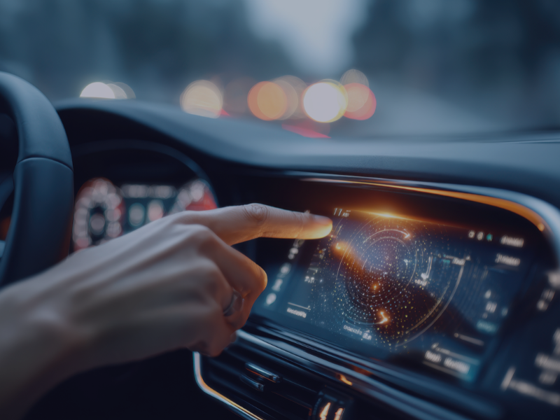 Hand tippt auf Bildschirm im Auto, symbolisch für Branche Automotive