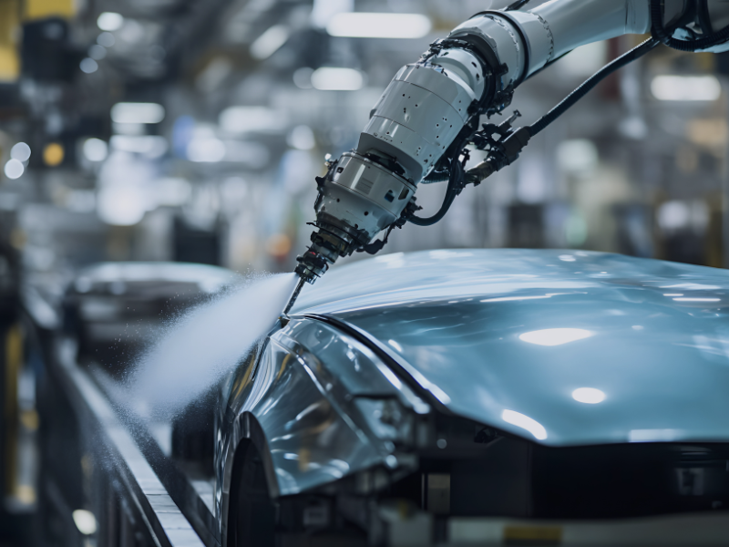 Industrieroboter bearbeitet ein Fahrzeug in einer Produktionshalle