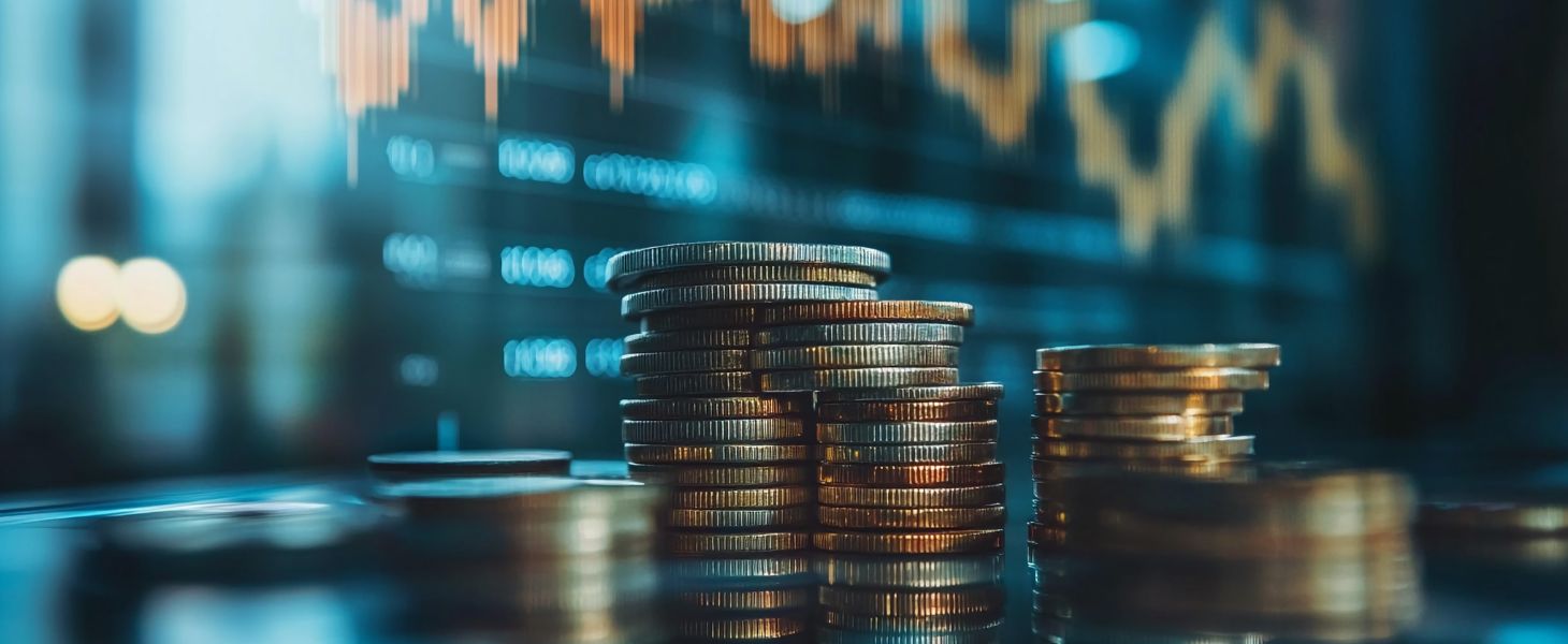 Münzhaufen vor Bildschirm mit Finanzdaten, symbolisch für Private Banking