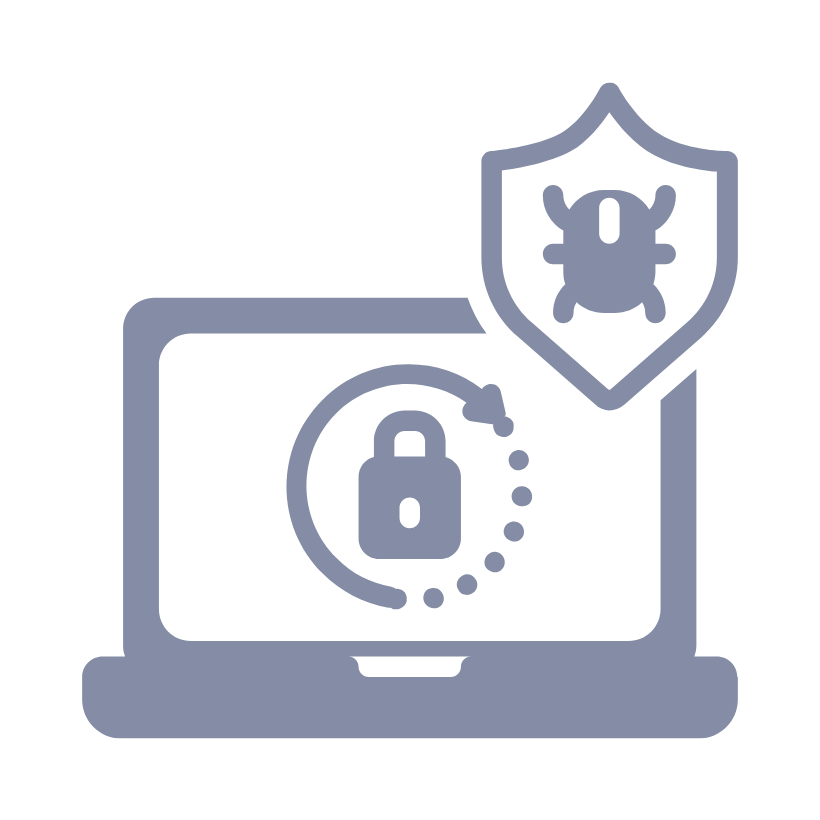 Symbol für Qualitätssicherung und IT-Sicherheit – Laptop mit Schloss-Icon und Schutzschild gegen Bugs