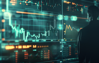 Person betrachtet digitale Finanz- und Marktdaten auf großem Display, symbolisch für T+1 in Europa