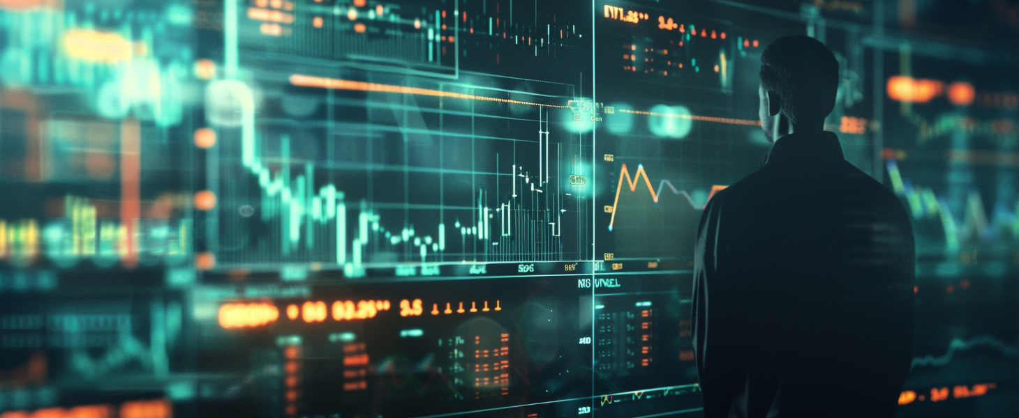 Person betrachtet digitale Finanz- und Marktdaten auf großem Display, symbolisch für T+1 in Europa