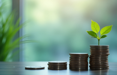 Pflanze wächst aus gestapelten Münzen auf einem Tisch, symbolisch für ESG im Asset Management