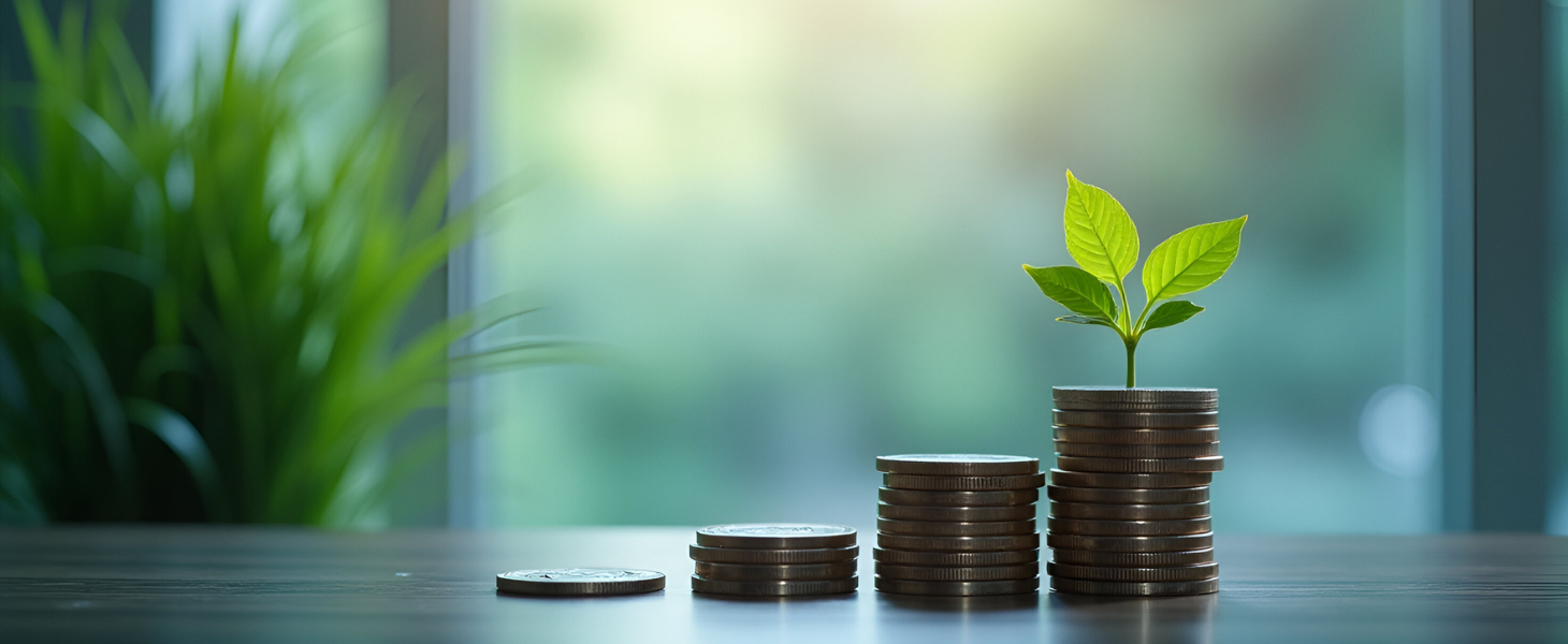Pflanze wächst aus gestapelten Münzen auf einem Tisch, symbolisch für ESG im Asset Management