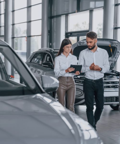 Zwei Kollegen im Autohausunterhalten sich, symbolisch für KI Use Cases Automotive