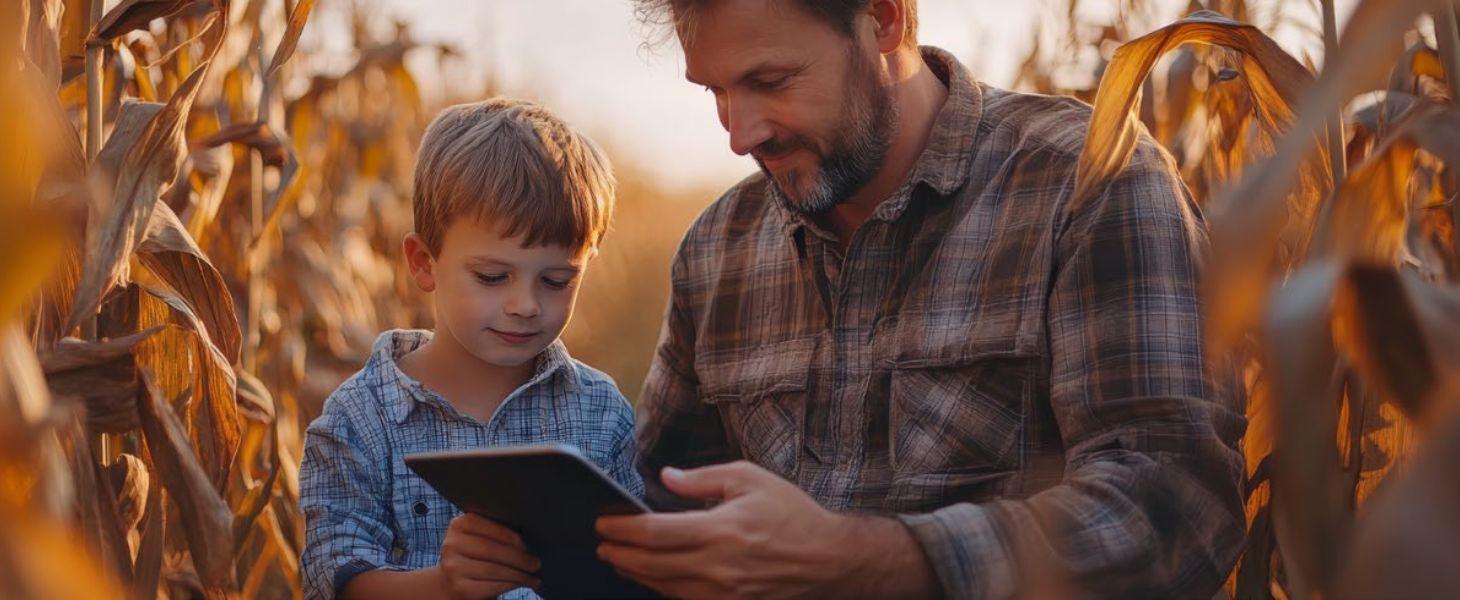 Erwachsene Person und Kind sitzen zwischen Maispflanzen und nutzen gemeinsam ein Tablet – Darstellung der Digitalisierung und moderner Förderprojekte im Umfeld der Landwirtschaftlichen Rentenbank.