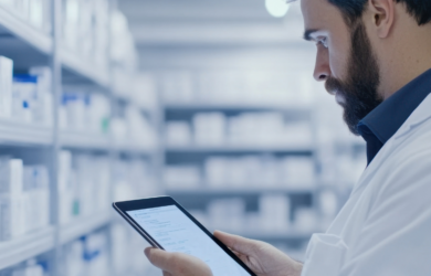 Medizinisches personal mit Tablet im Medikamentenlager, symbolisch für KI für mehr Effizienz in Pharma-Audits