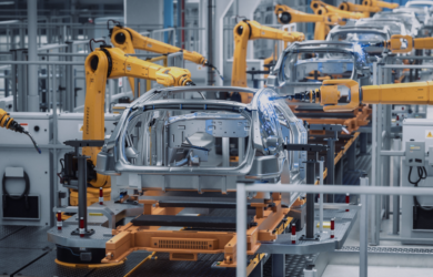 Industrieroboter montieren eine Fahrzeugkarosserie in der Fabrik, symbolisch für Catena-X
