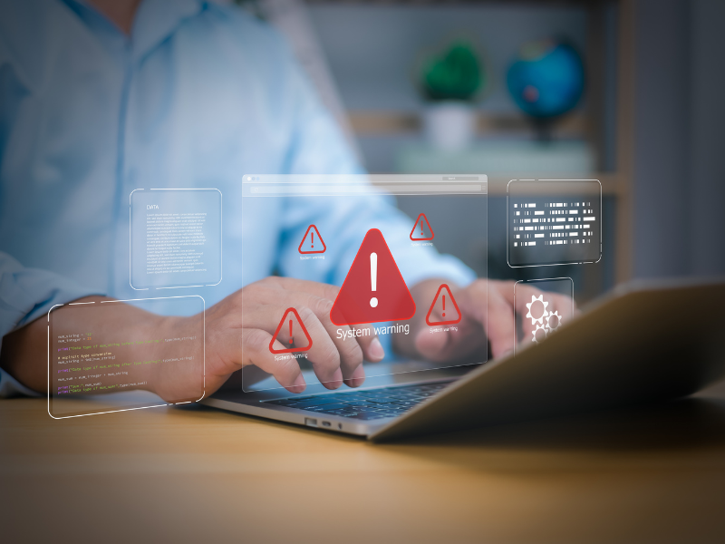 Person arbeitet am Laptop mit eingeblendeten Warnhinweisen und Fehlermeldungen, symbolisch für IT-Risiken, und Cybersicherheit