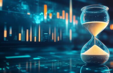 Sanduhr vor Bildschirmen, symbolisch für Stress für Banken durch T+1