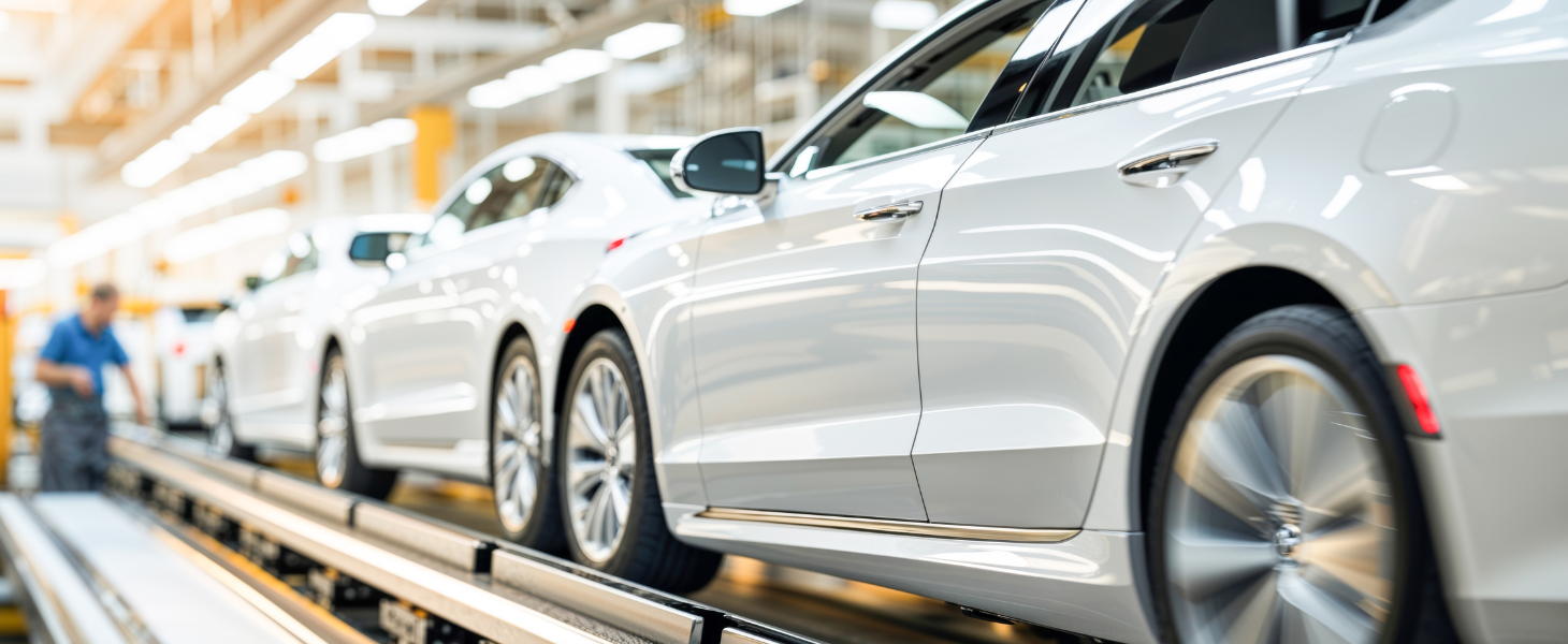 Fahrzeuge auf einem Montageband in einer Automobilfabri, symbolisch für moderne Produktionsprozesse und Catena-X