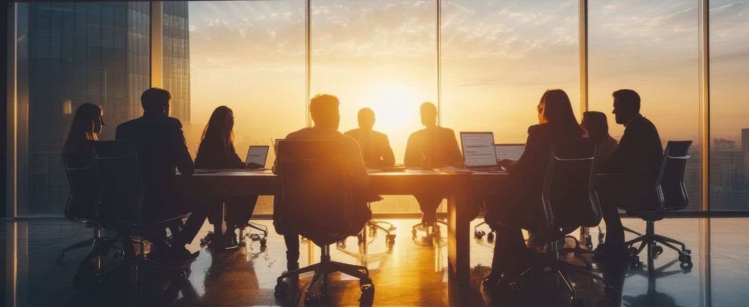 Vielfältige Gruppe von Geschäftsleuten sitzt in einem Konferenzraum mit Panoramablick bei Sonnenuntergang – Symbol für Diversität und Wettbewerbsstärke in der Finanzbranche