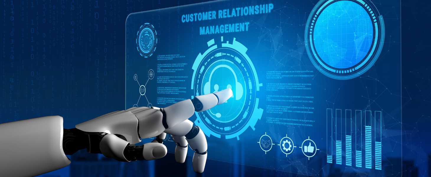 Roboterhand interagiert mit digitalem Interface zu Customer Relationship Management – Symbol für den Übergang vom menschlichen Kundenservice zu KI-gestützten Agent-Dialogen