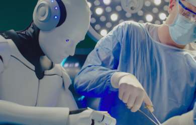 Roboter als Assistent im OP neben dem Arzt, symbolisch für Multi-Agenten-RAG-Systeme im Krankenhaussektor