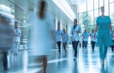 Ärztinnen, Ärzte und Pflegekräfte im modernen Krankenhaus, symbolisch für Krankenhaus Fundraising Report
