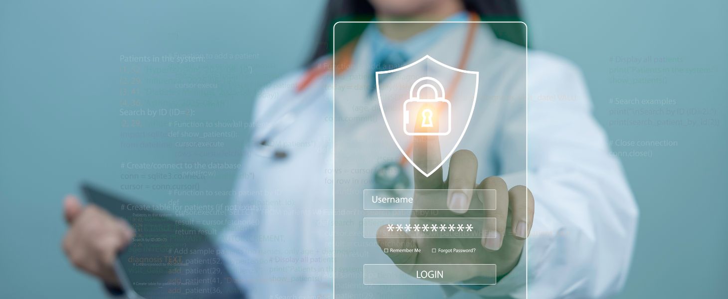 Medizinische Fachkraft mit Tablet, davor ein eingeblendetes Login-Fenster mit Schloss-Symbol, symbolisch für Datenschutz, IT-Sicherheit und geschützten Zugriff auf sensible Gesundheitsdaten