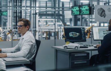 Zwei Ingenieure arbeiten an Computern in einer modernen Produktionshalle mit Robotern im Hintergrund und 3D-Modellen auf den Bildschirmen, symbolisch für digitale Entwicklung