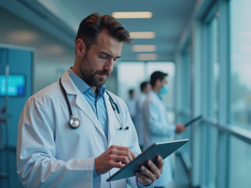 Arzt mit Tablet in einem Krankenhausflur, symbolisch für digitale Prozesse und moderne Patientenversorgung.