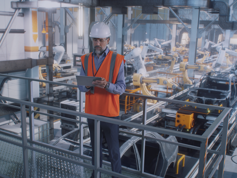 Ingenieur mit Tablet in einer automatisierten Produktionshalle mit Robotern, symbolisch für Industrie 4.0 und digitale Fertigung