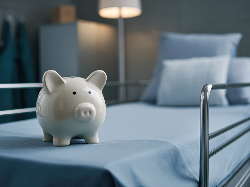 Sparschwein auf einem Krankenhausbett in ruhiger Umgebung, symbolisch für Kostenmanagement im Gesundheitswesen