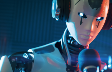 Humanoider Roboter mit Kopfhörern spricht in ein Mikrofon, symbolisch für KI-gestützte Kommunikation und Automatisierung.